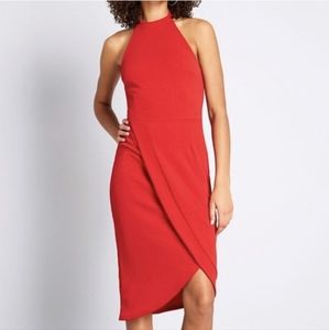 Red Modcloth cocktail dress, midi length, halter back. New with tags attached!